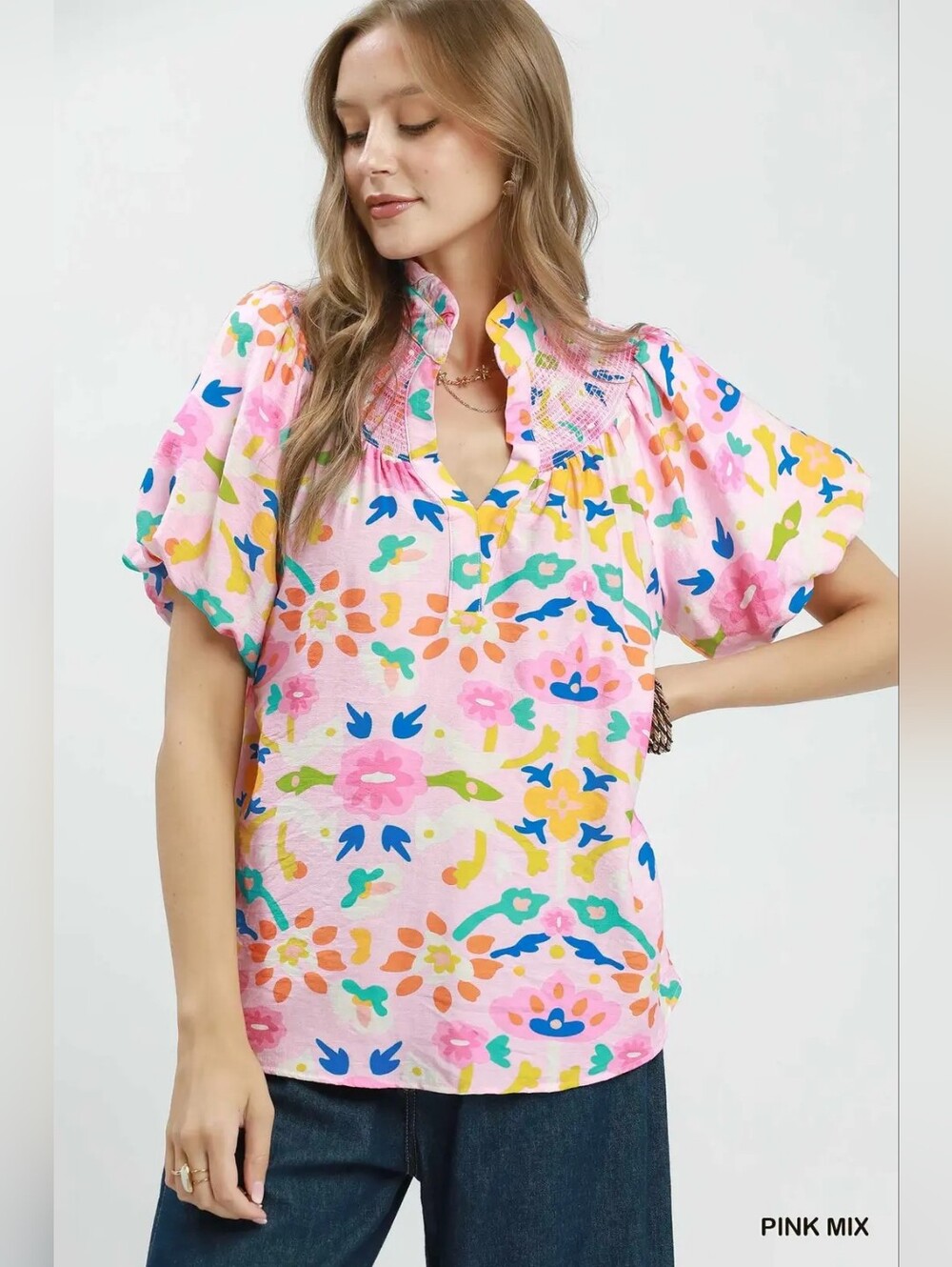 Umgee Folk Art Print Top with Smocked Detail